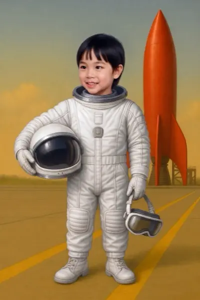 Kenji in a white astronaut suit on the launch apron, helmet under one arm