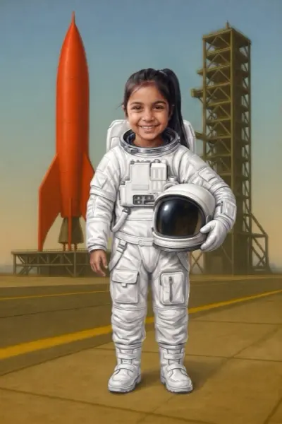 Priya in a white astronaut suit beside a red rocket, helmet under one arm