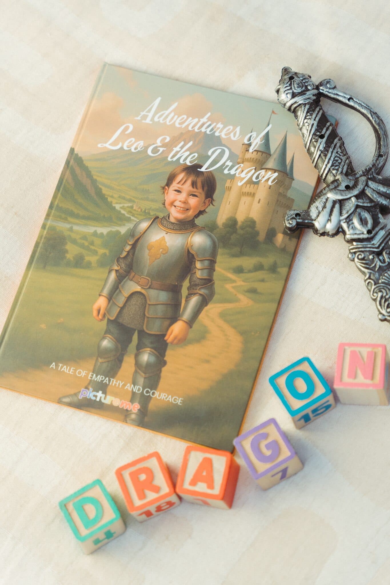 The dragon hardcover laid out with a toy sword and wooden letter blocks spelling DRAGON