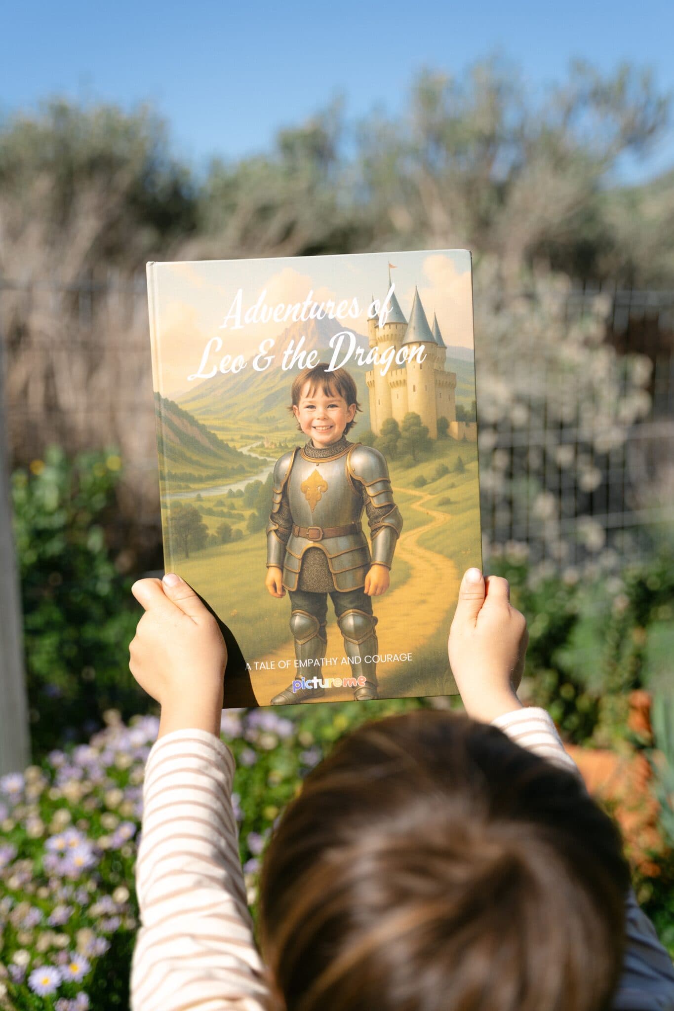 A boy holding up his hardcover of Adventures of Leo & the Dragon in the garden