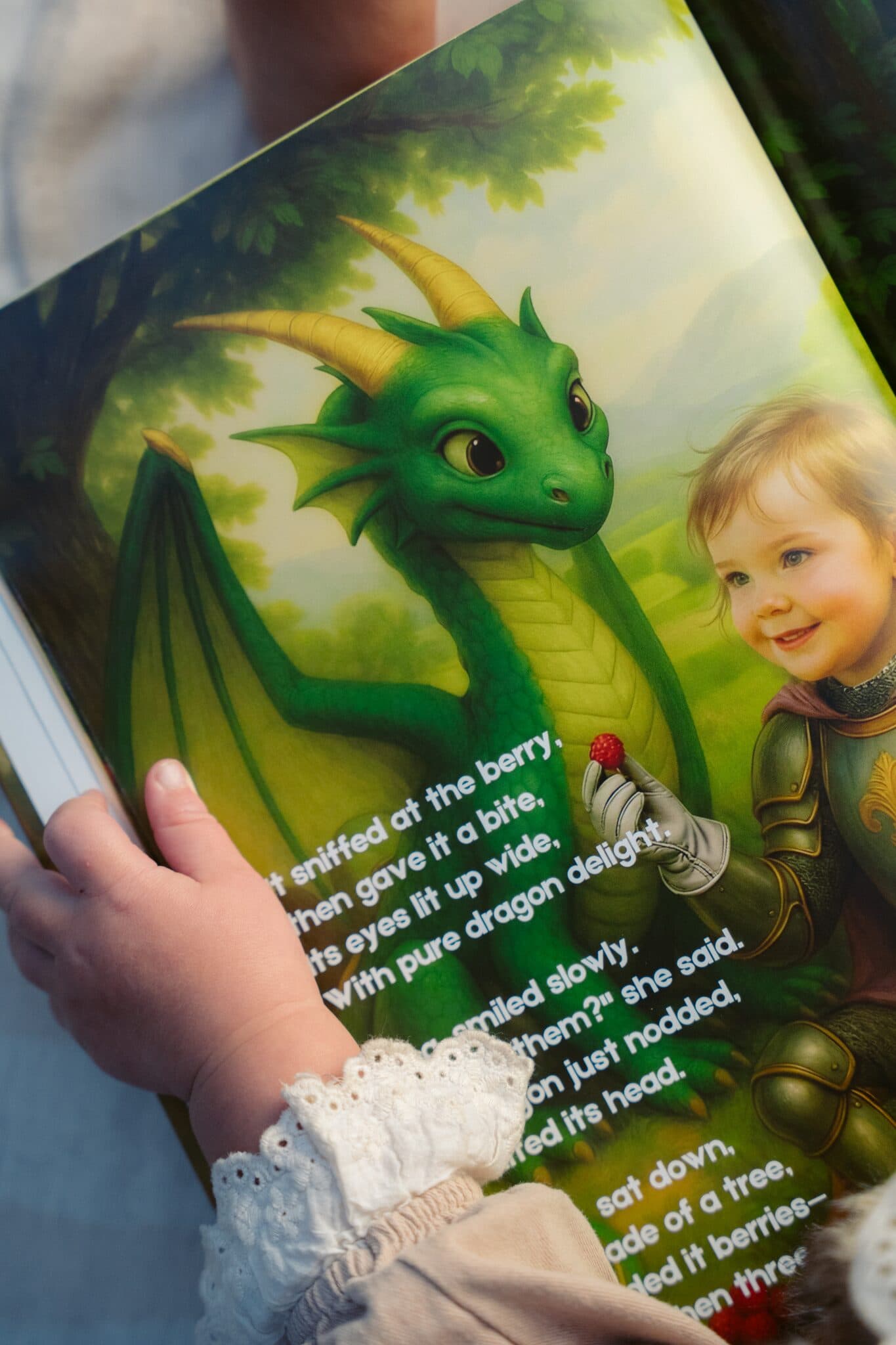 A close-up of an illustrated page inside the dragon story, a small hand resting on it