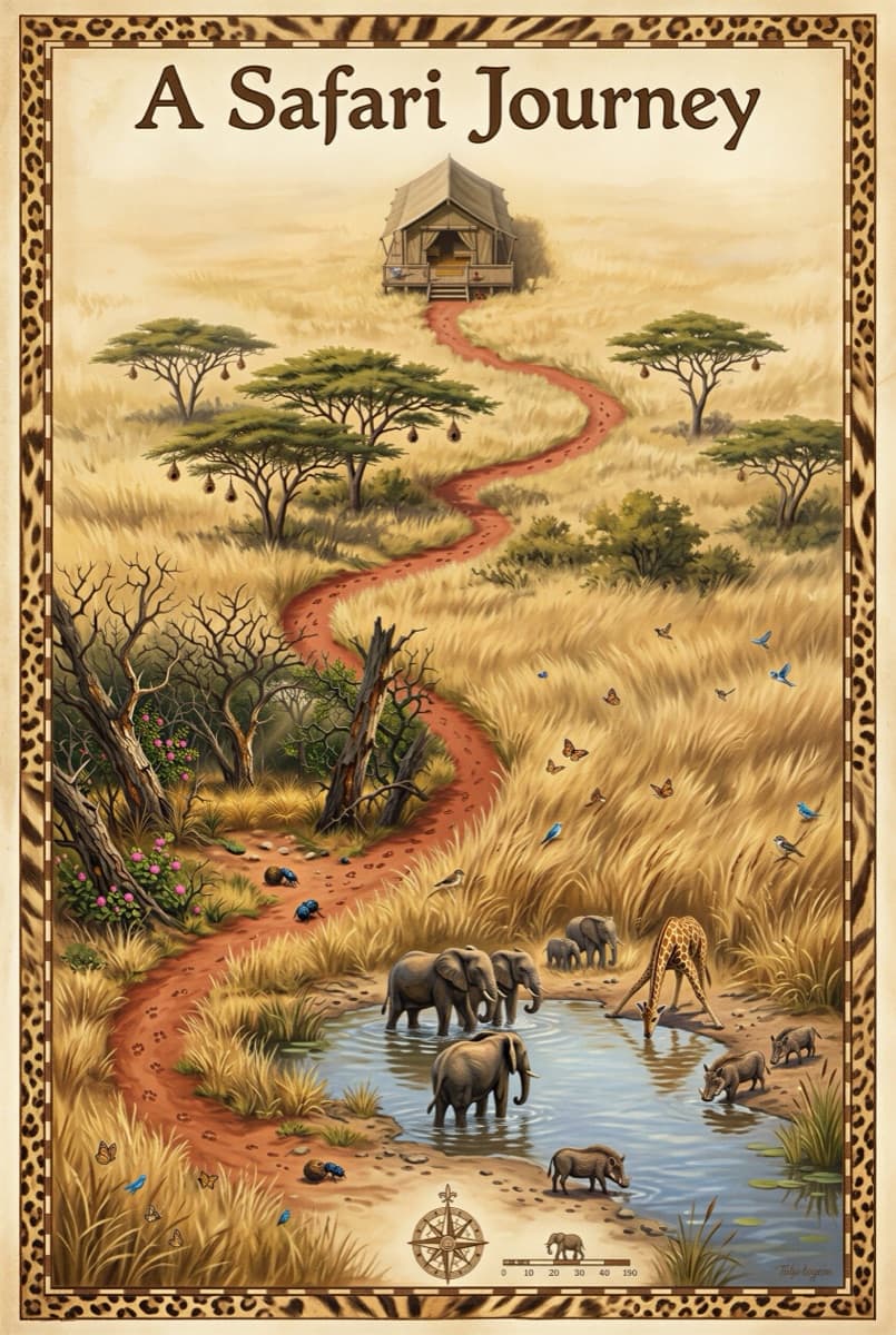 A Safari Journey — the illustrated map page inside the book, from the safari camp down to the waterhole