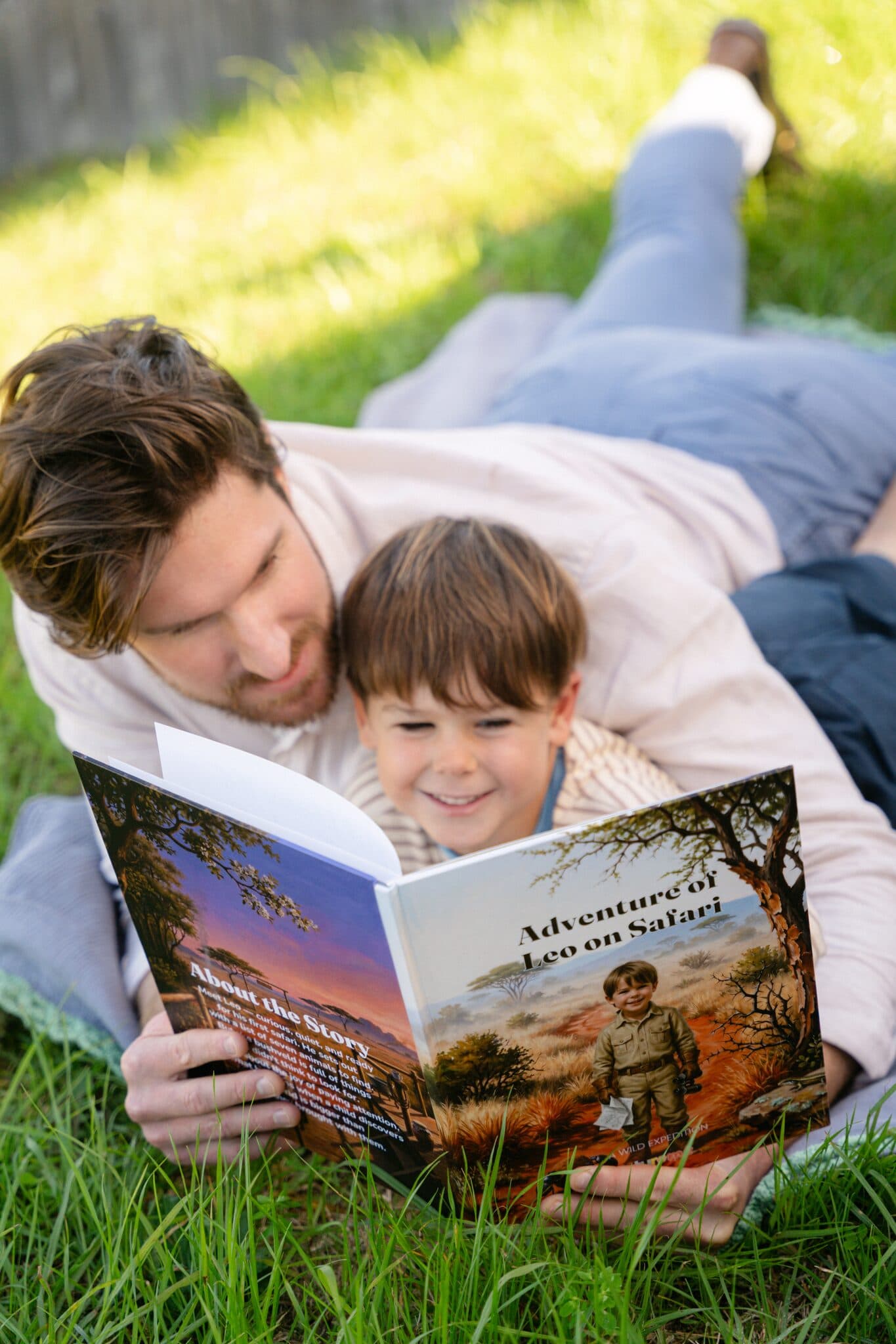 A dad and his son reading the safari story together on the grass