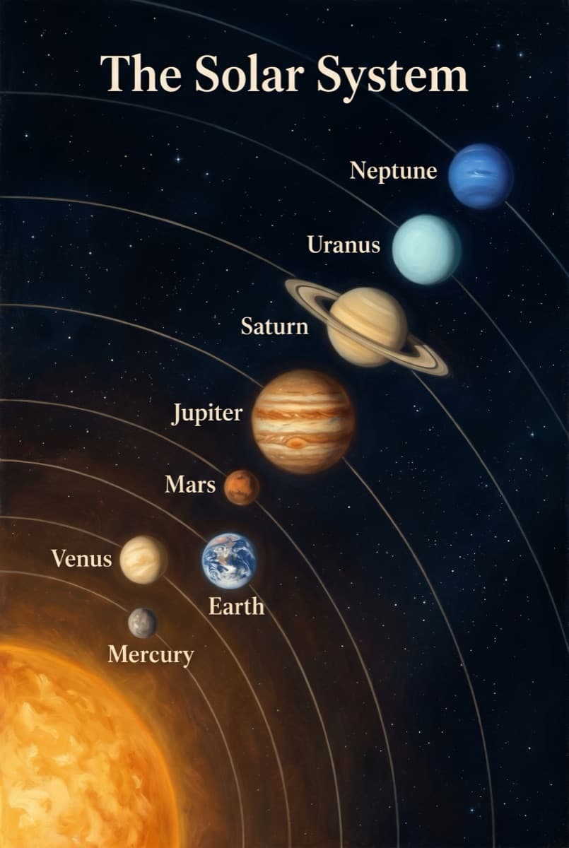 The Solar System poster page — every planet labelled from Mercury out to Neptune