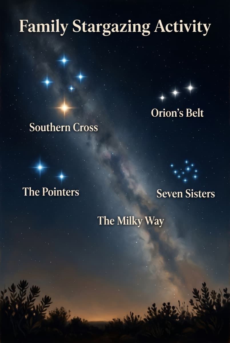 Family Stargazing Activity page — the Southern Cross, Orion's Belt and the Milky Way over a South African horizon