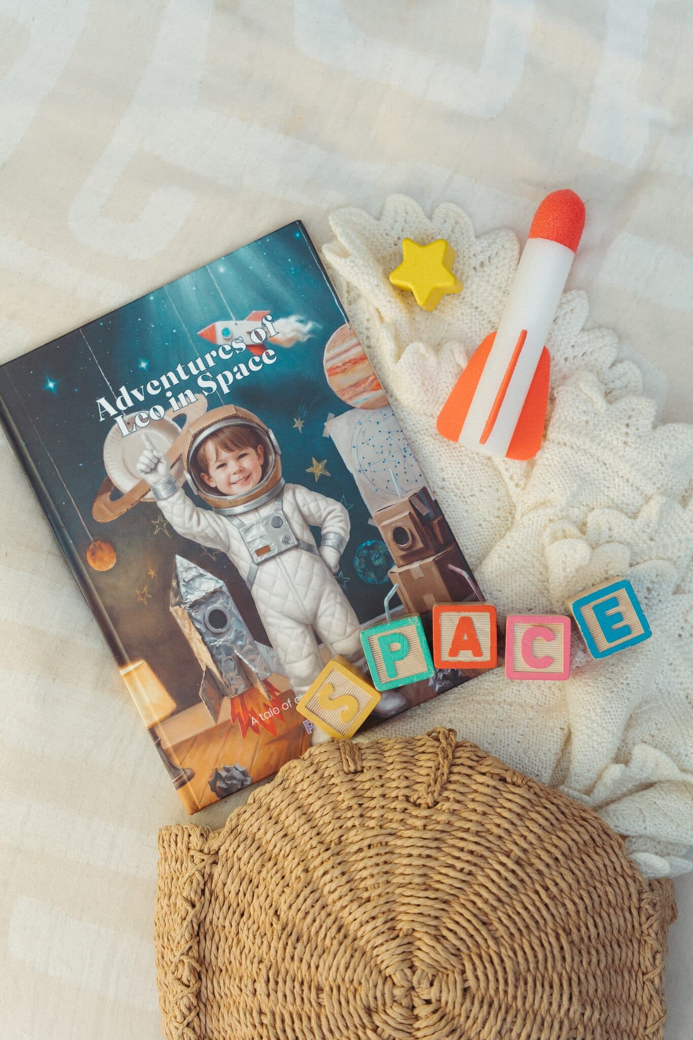 The space hardcover laid out with a toy rocket and wooden letter blocks spelling SPACE