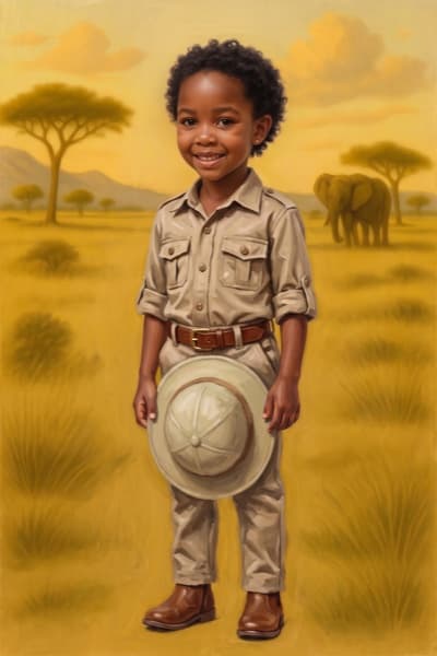 Ayanda in khaki on the savanna, holding a pith helmet, an elephant behind her
