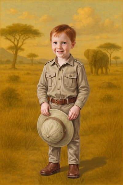 Finn in khaki on the savanna, holding a pith helmet