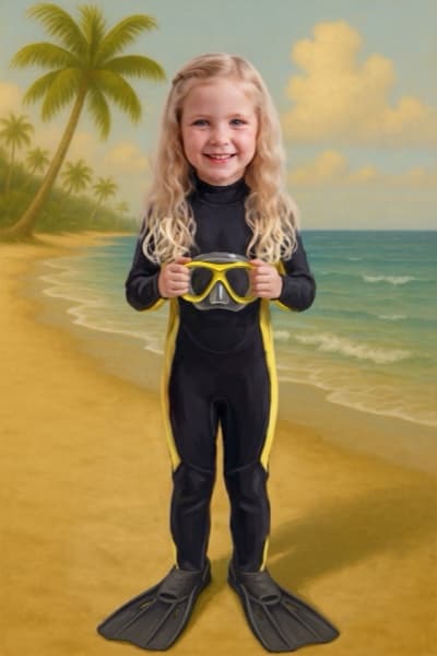 Hannah in a wetsuit on a tropical beach, holding a yellow dive mask