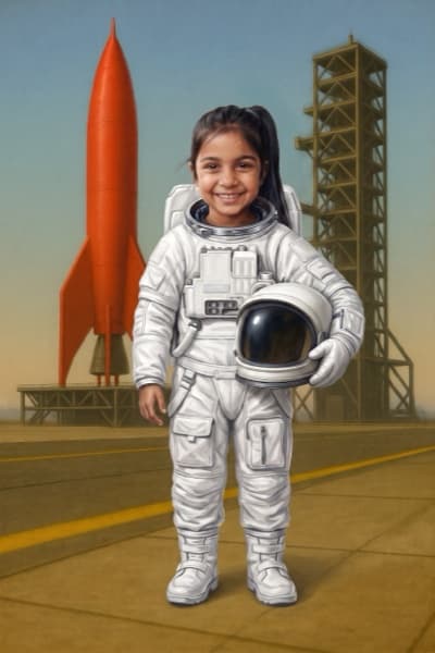 Priya in a white astronaut suit beside a red rocket, helmet under one arm