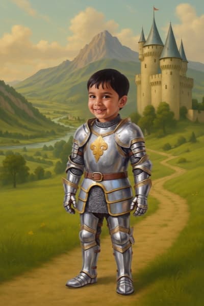 Rohan in silver armour on the path below a castle