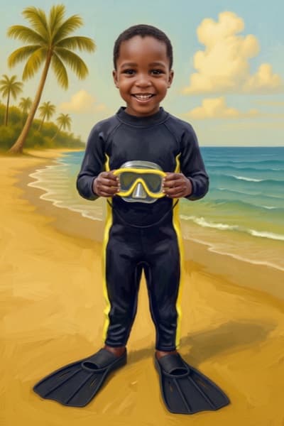 Thabo in a wetsuit on a tropical beach, holding a yellow dive mask