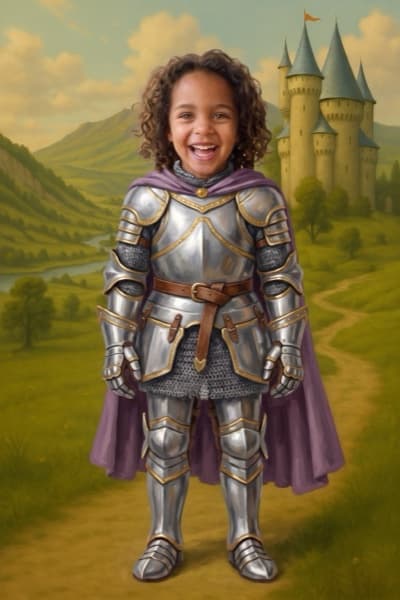 Zara in silver armour and a purple cape on the path below a castle