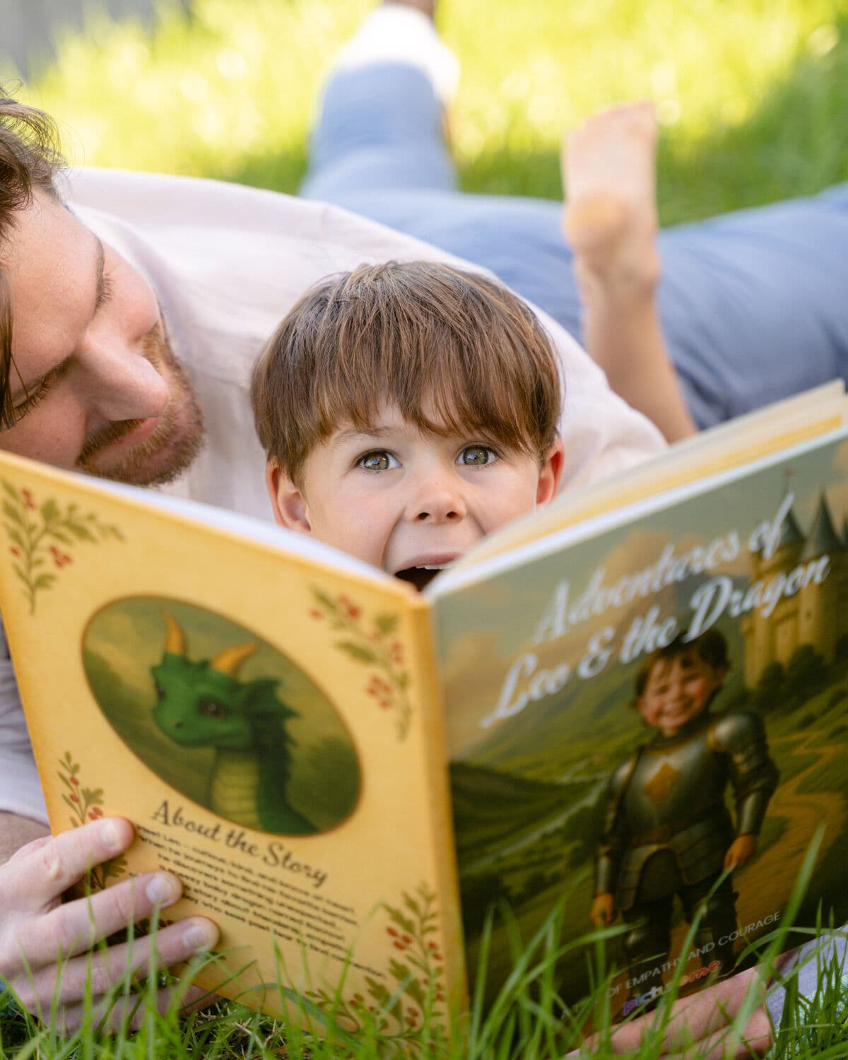 A boy reading his Picture Me storybook, his illustrated likeness on the cover facing the camera