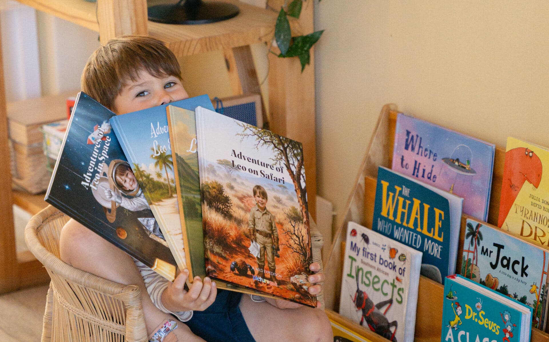 The boy peeking over all four of his personalised books, fanned out beside his bookshelf