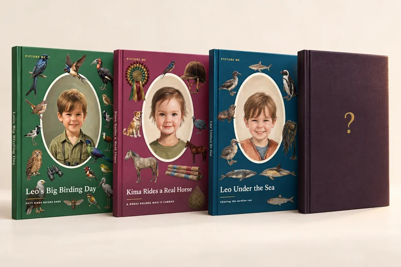 Three personalised Picture Me books beside a plum mystery book with a gold question mark